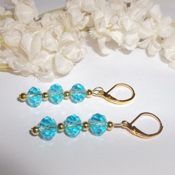 Pretty Turquoise Blue & Gold Earrings Beaded 6327 - Picture 3 of 7